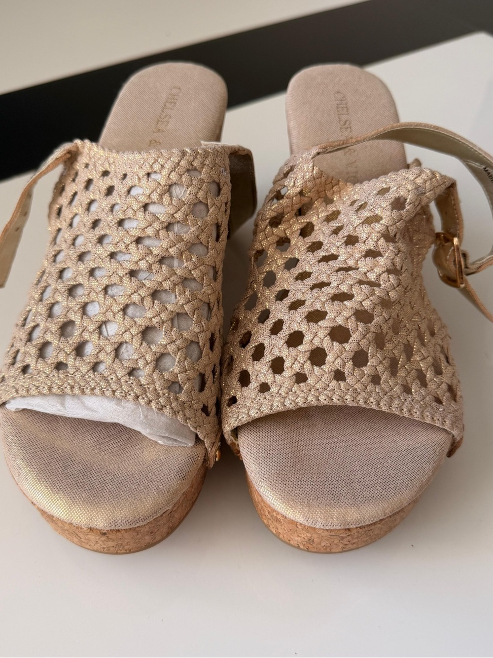 Chelsea & Violet Gold Crochet Wedge Mules